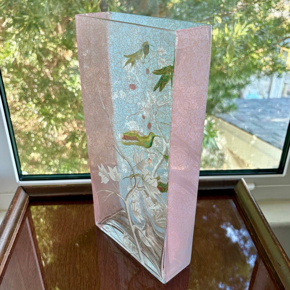 Fringe Studio Vintage Hummingbird Glass Vase Pink Blue Art Glass 12” - Picture 7 of 12